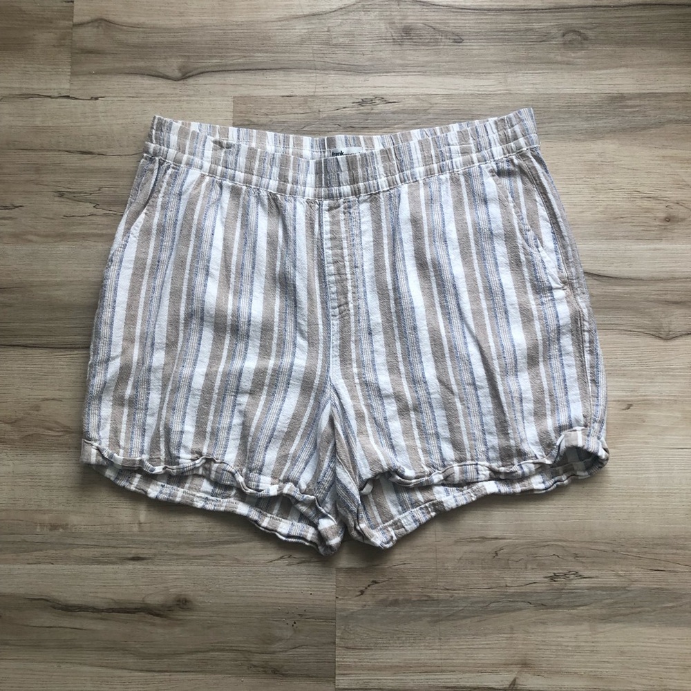 Frank & Oak Striped Elastic-Waist Linen-Blend Shorts in White, Tan & Blue